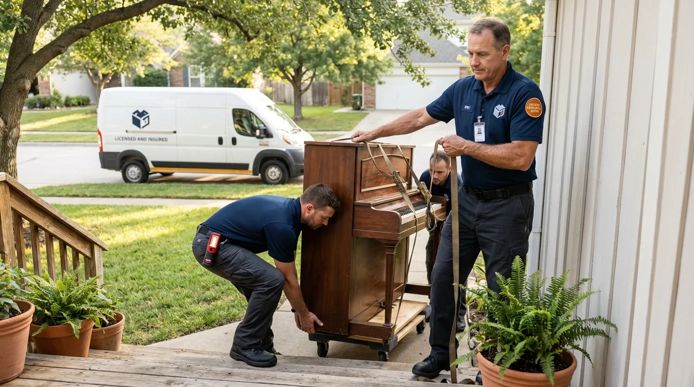 Licensed piano movers securing grand piano in Fairhope, PA