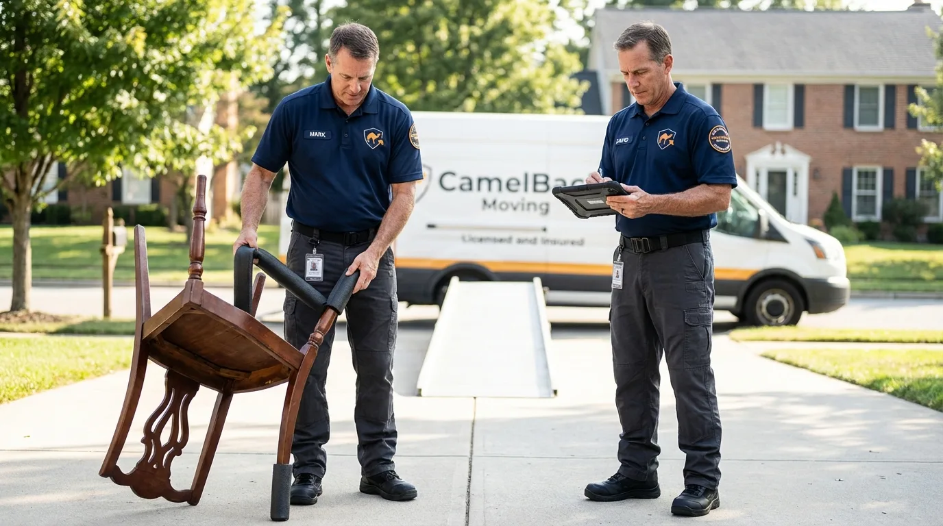 Movers inspecting furniture for damage prevention before loading in Fairhope, PA